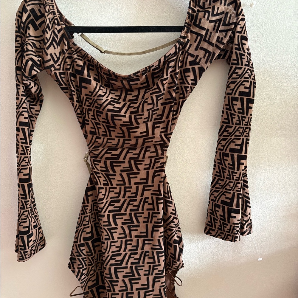 Designer Patterned Black and Tan Dress